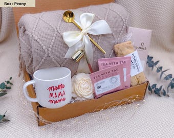 Peony Gift Box, Mama Mug, Blanket, Tea, Biscotti, Candle
