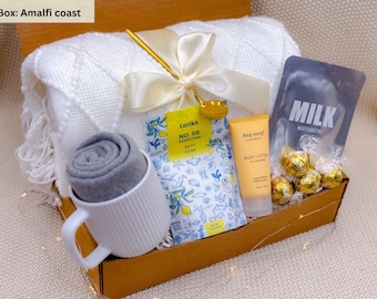 Amalfi Coast Spa Gift Box, Cozy Blanket, Mug, Bath Soak, Lotion