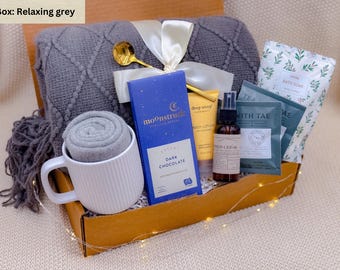 Relaxing Grey Care Package, Cozy Blanket, Mug, Bath Soak, Tea, Chocolate