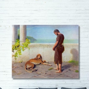 Puede incluir: Una impresión de arte mural rectangular que presenta una pintura clásica de una persona con túnica marrón de pie en una terraza de piedra junto a un perro grande de color marrón. La escena incluye una columna blanca, enredaderas y el mar.