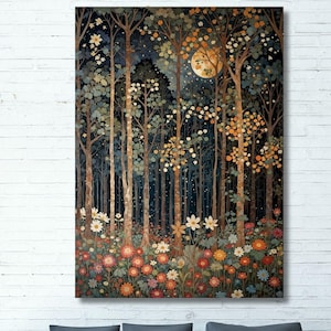 William Morris inspired autumn floral forest with full moon  Wall art,Rustic autumn forest print poster canvas,William Morris print 4