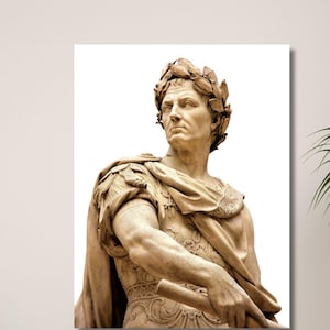 May include: A framed print of a classical bust sculpture. The sculpture depicts a man wearing a laurel wreath and draped in a toga. The artwork is displayed on a white background, adding a touch of historical elegance to the room.