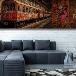 Bold Subway Graffiti Panoramic Canvas, Modern Urban Art,Vibrant Graffiti Art on Subway Car,Long Horizontal, Ready to Hang 2