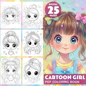 Coloring Book: Funny Girl. A digital coloring book featuring kawaii-style little cartoon girls in PDF. 25 pages to color. Instant download.