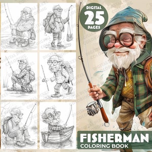 Può includere: Un libro da colorare in bianco e nero con un pescatore di cartoni animati con uno zaino e una canna da pesca. Il libro ha 25 pagine ed è intitolato "FISHERMAN COLORING BOOK".