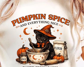 Pumpkin Spice Cat illustration T-Shirt | Halloween witch cat, seasonal fall design