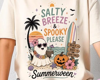 Salty Breeze & Spooky Please T-Shirt | Halloween Beach Surf Retro