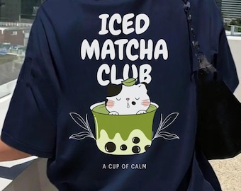 Iced Matcha Club T-Shirt: Unisex Heavy Cotton Tee, Cat Design