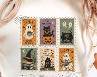 Vintage Halloween Tarot Patchwork Ghost Pumpkin Cat T-Shirt | Spooky Stamp Collage