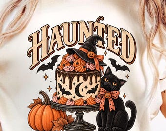 Haunted Cake Halloween T-Shirt | Black Cat, Pumpkin, Witch Hat