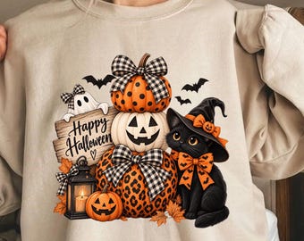 Halloween Pumpkin Patch Illustration Sweatshirt | Jack-o'-Lanterns, Black Cat, Bats
