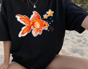 Orange Goldfish Illustration Tee | Kawaii Fish, Bubbles & Stars