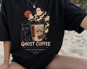 Ghost Coffee Society T-Shirt | Black Cat, Ghosts, Vintage Cup Graphic Tee