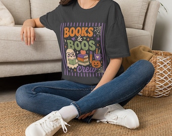 Books & Boos Crew Teacher Halloween Shirt, Retro Ghost Reading Tee