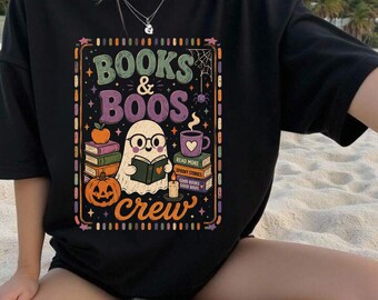 Books & Boos Ghost Crew Shirt, Retro Librarian Halloween Tee, Book Lover Gift