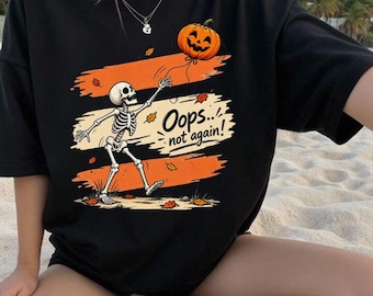 Skeleton Balancing Jack-O'-Lantern T-Shirt | Halloween Skull Pumpkin Tee