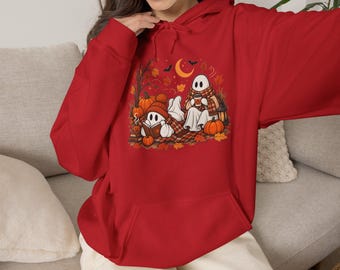Ghost Dogs in Autumn Hoodie | Halloween Pumpkin Leaf Moon