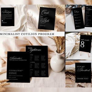 May include: Black and white printable cards for a minimalist cotillion program. The cards feature a script font and include the text "Cards and Gifts", "The Eights", "Samantha's 18th Birthday Celebration", "Table Number 8", and "Sign My Guestbook".