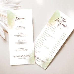 Peut inclure: Deux cartes imprimables avec un fond aquarelle dans des tons de vert et de jaune. La première carte est un menu pour le 8e anniversaire de Samantha avec une liste d'entrées, de plats principaux, de desserts et de boissons. La deuxième carte est un programme pour le 8e anniversaire de Samantha avec une liste d'événements et d'heures.