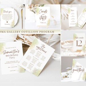 May include: A set of printable cards for an 18th birthday party. The cards feature a watercolor background with green and yellow hues. The text on the cards includes "The Eighteens", "Cards and Gifts", "Thank You", "Menu", "Table Number 12", "Sign My Guestbook", and "You Are Invited to Samantha's 18th Birthday Party".