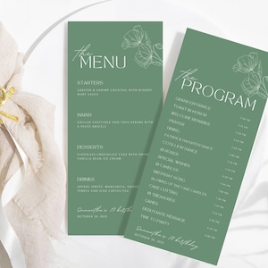 May include: Two green cards with white text and floral illustrations. The first card is a menu with the headings "Starters", "Mains", "Desserts", and "Drinks". The second card is a program with the headings "Grand Entrance", "Toast in Honor", "Welcome Remarks", "Prayer", "Dining", "Father & Daughter Dance", "Couple's First Dance", "Special Wishes", "In Memory", "My Candy Bar", "Birthday Song", "Opening of the Gift Envelope", "Cake Cutting", "The Treasure", "Games", "Debitant Message", and "The To Party".