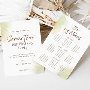 Pode incluir: Um convite de aquarela verde e amarelo para a festa de 18 anos de Samantha. O convite inclui a data, a hora e o local da festa. O convite também inclui uma lista de presentes, velas e rosas para a festa.