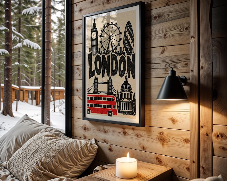 London Linocut Style Print With Retro Typography, Big Ben, Tower Bridge ...