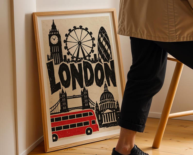 London Linocut Style Print With Retro Typography, Big Ben, Tower Bridge ...