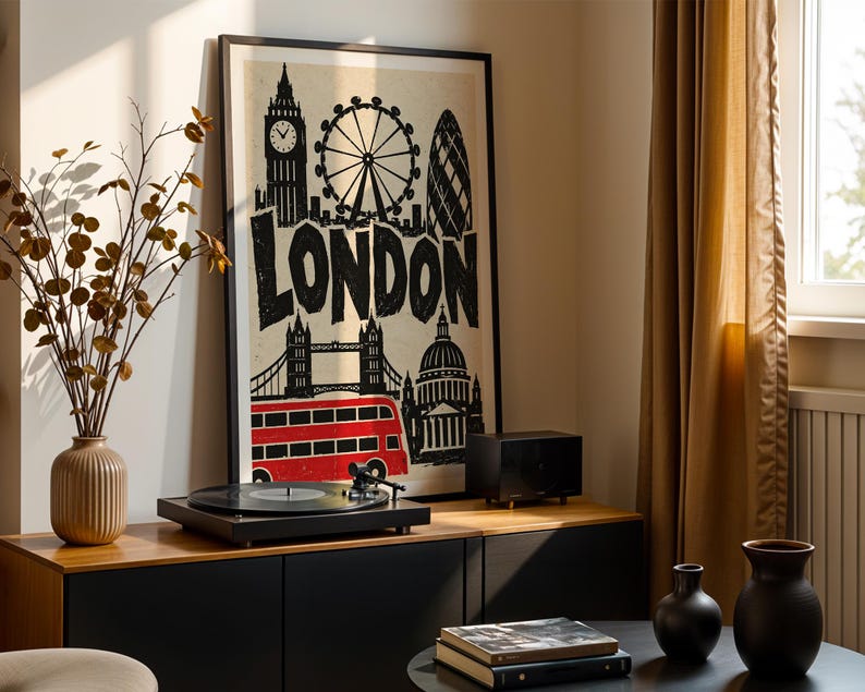 Big Ben R Design London Linocut Style Print With Retro Typography, Big Ben, Tower Bridge ...