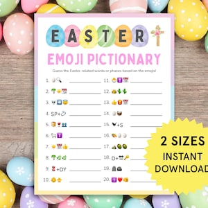 May include: Easter Emoji Pictionary game with colorful eggs surrounding the card. The card has the word "EASTER" in colorful letters and the title "EMOJI PICTIONARY". The game includes emojis to guess Easter-related words or phrases. The card is available in 2 sizes and is an instant download.