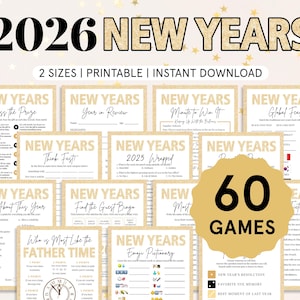 May include: A selection of New Year's Eve party games in gold and white. The title reads "2026 NEW YEARS". The games include "Pass the Prize", "Year in Review", and "Minute to Win It". The image also says "60 GAMES".