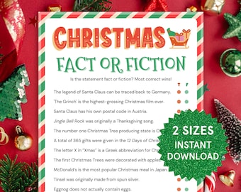 May include: A Christmas-themed printable game titled "Christmas Fact or Fiction." The game features a red and green border, with statements about Christmas. The game is available in two sizes and is an instant download.