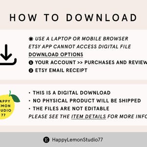 May include: A white background with the text "HOW TO DOWNLOAD" at the top. Instructions include using a laptop or mobile browser, download options, and a digital download notice. A yellow lemon logo is in the bottom left corner.