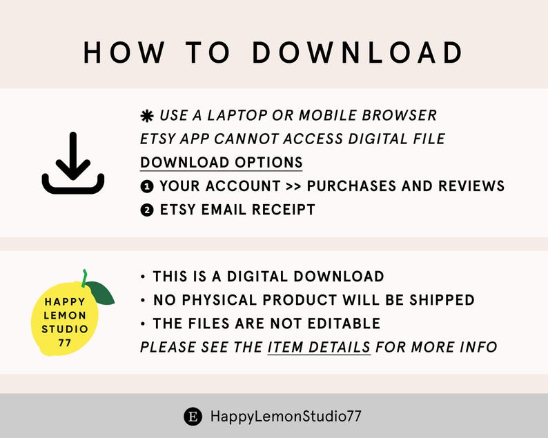 May include: A white background with the text "HOW TO DOWNLOAD" at the top. Instructions include using a laptop or mobile browser, download options, and a digital download notice. A yellow lemon logo is in the bottom left corner.