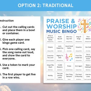K&ouml;nnte beinhalten: Eine blau-wei&szlig;e Spielkarte mit Anweisungen zum Spielen von Praise & Worship Music Bingo. Die Karte zeigt ein Bingo-Raster mit Songtiteln und ein Holzkreuz mit Noten.