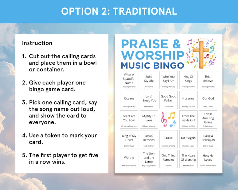 K&ouml;nnte beinhalten: Eine blau-wei&szlig;e Spielkarte mit Anweisungen zum Spielen von Praise & Worship Music Bingo. Die Karte zeigt ein Bingo-Raster mit Songtiteln und ein Holzkreuz mit Noten.