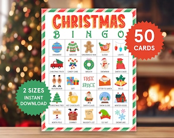 May include: A Christmas Bingo game card with a red and green border. The card features festive illustrations like ornaments, a snowman, and a Christmas tree. The words "Christmas Bingo" are at the top, and the card includes the text "50 Cards" and "2 Sizes Instant Download".