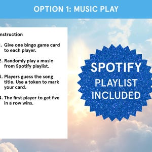 K&ouml;nnte beinhalten: Ein Musikspiel mit Anweisungen und einer Spotify-Playlist. Der Text lautet "OPTION 1: MUSIC PLAY" und "SPOTIFY PLAYLIST INCLUDED". Die Anweisungen sind nummeriert und umfassen das Abspielen von Musik und das Erraten von Songtiteln.