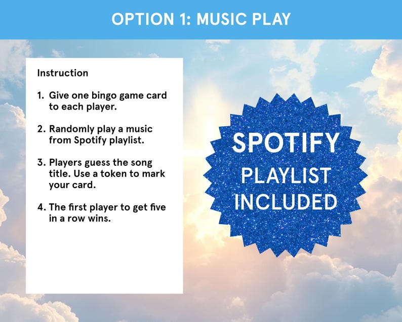 K&ouml;nnte beinhalten: Ein Musikspiel mit Anweisungen und einer Spotify-Playlist. Der Text lautet "OPTION 1: MUSIC PLAY" und "SPOTIFY PLAYLIST INCLUDED". Die Anweisungen sind nummeriert und umfassen das Abspielen von Musik und das Erraten von Songtiteln.