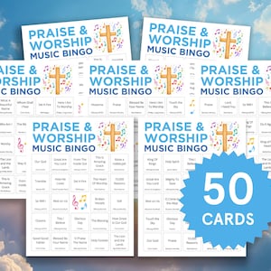 K&ouml;nnte beinhalten: Eine Sammlung von "Praise & Worship Music Bingo" Karten. Jede Karte zeigt ein Kreuz, Noten und Songtitel. Das Bild enth&auml;lt eine blaue Sternburst-Grafik mit der Aufschrift "50 KARTEN".
