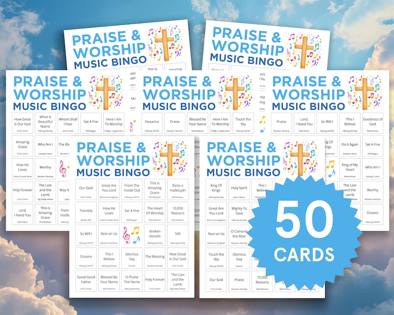 K&ouml;nnte beinhalten: Eine Sammlung von "Praise & Worship Music Bingo" Karten. Jede Karte zeigt ein Kreuz, Noten und Songtitel. Das Bild enth&auml;lt eine blaue Sternburst-Grafik mit der Aufschrift "50 KARTEN".