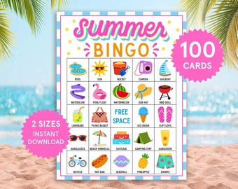 Summer Bingo Cards, Summer Games, Summer Activity, Kid's Printable Bingo, Summer Camp Kids Activities, Vacation Games, Summer Birthday Bingo