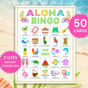 Bingo Aloha, Bingo Luau, Bingo Hawaiano, Tarjetas de Bingo de Verano, Juegos Imprimibles para Fiestas Luau, Bingo, Juegos de Cumpleaños Aloha, Juegos de Fiestas Hawaianas, Juegos Luau