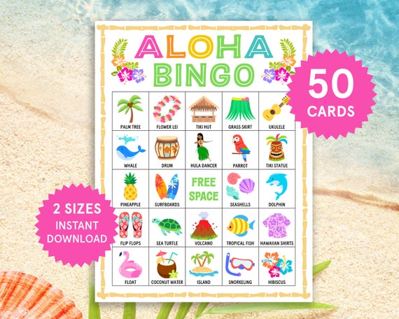 Aloha Bingo Luau Bingo Hawaii Bingo Summer Bingo Cards Printable Luau Party Games Bingo Aloha Birthday Games Hawaiian Party Games Luau Games