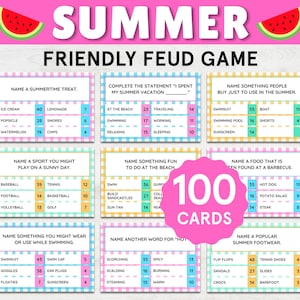 May include: A colorful game set titled "Summer Friendly Feud Game" with 100 cards. The cards feature summer-themed questions and answers, with watermelon graphics and a pink background.