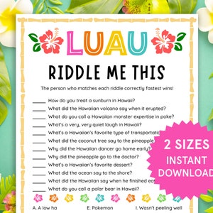 May include: A printable Luau-themed game with a pink background and a title that says "Riddle Me This". The game includes 10 riddles about Hawaiian culture and a multiple-choice answer key at the bottom.