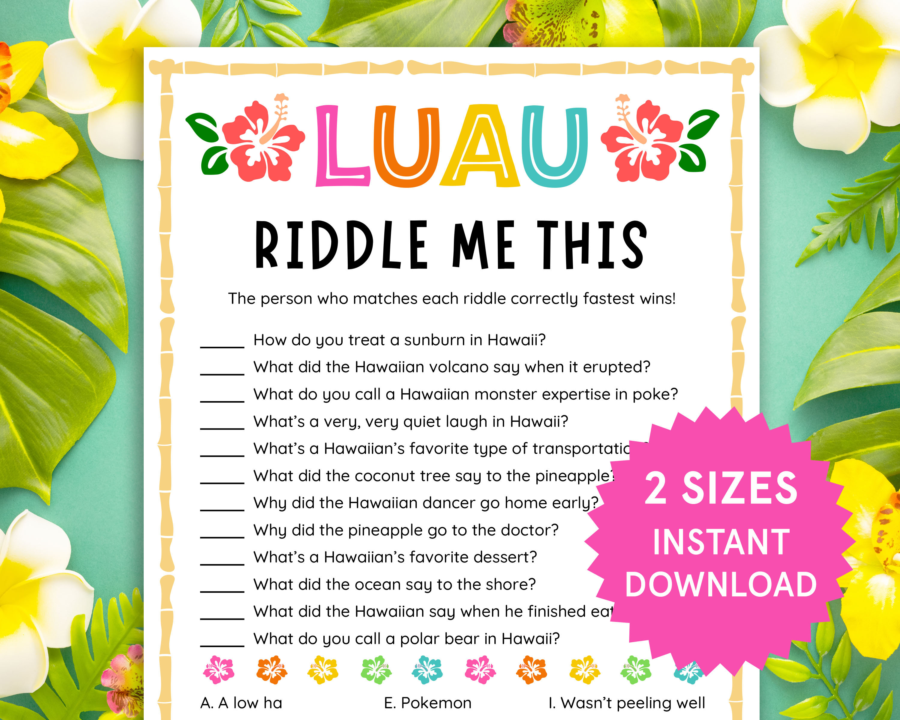 Luau Riddle Me This Luau Party Games Luau Games for Kids Luau Birthday ...