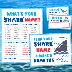 What&#39;s Your Shark Name Game, Name Tags, Sign Shark Games Shark Week Games for Kids Activities Shark Activities Shark Birthday Party Games