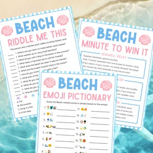 Pode incluir: Tr&ecirc;s folhas de jogos com tema de praia com detalhes em azul e rosa. Os jogos incluem um jogo de adivinha&ccedil;&atilde;o, um revezamento de conchas de um minuto para ganhar e um dicion&aacute;rio de emojis. Cada folha apresenta um gr&aacute;fico de conchas e perguntas relacionadas &agrave; praia.