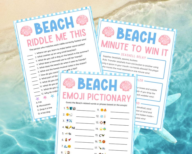 Pode incluir: Tr&ecirc;s folhas de jogos com tema de praia com detalhes em azul e rosa. Os jogos incluem um jogo de adivinha&ccedil;&atilde;o, um revezamento de conchas de um minuto para ganhar e um dicion&aacute;rio de emojis. Cada folha apresenta um gr&aacute;fico de conchas e perguntas relacionadas &agrave; praia.